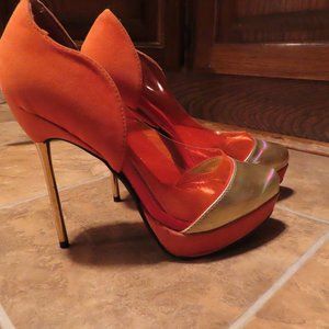 Orange and Metallic Metal Heeled Platform Pumps